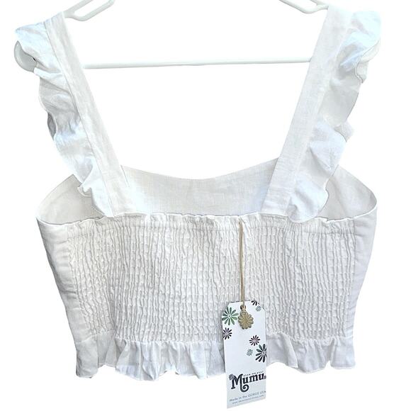 NWT Show Me Your MuMu Delia Flounce Trim Crop Top in White Linen Size Large - Picture 3 of 6